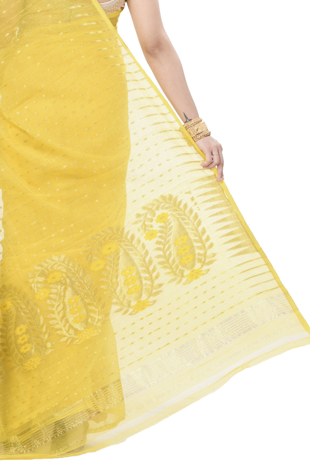 Yellow Blended Cotton New HALF  JAMDINE Jamdani Saree (528)